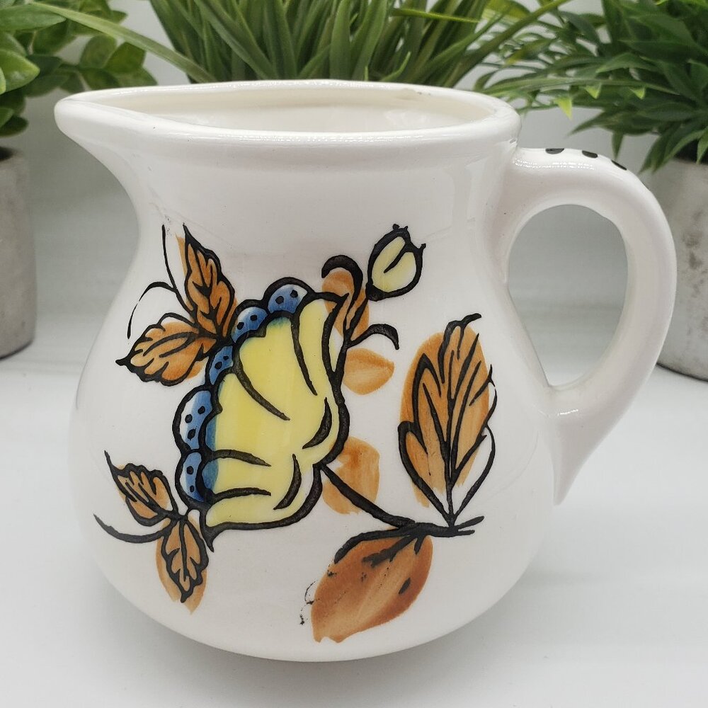 1977 Rubens Originals Vintage White Yellow Blue Florals Ceramic Pitcher - AS IS